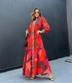 Robe maxi aux motifs géométriques rouges vibrants avec détails imprimé léopard - S / Comme indiqué