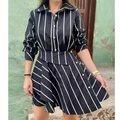 Vestido clásico de manga larga a rayas blancas y negras con dobladillo asimétrico - S / Rayas Blancas y Negras