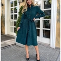 Elegant dark green long sleeve buttoned shirt dress with waist tie and A-line silhouette - S / Dark Green