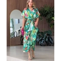Vestido camisero largo verde floral de manga corta con dobladillo irregular y lazo lateral - S / Verde Floral