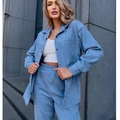 Blue corduroy two-piece set featuring a long sleeve button jacket and matching pants - S / Sky Blue