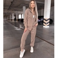 Women's 2-piece camel corduroy lounge set with button-down shirt and jogger pants - S / Khaki