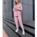 Pink corduroy two-piece set featuring long-sleeve buttoned shirt and casual trousers - S / Pink