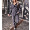 Women's two-piece charcoal grey corduroy lounge set with long sleeve button-up shirt - S / Black