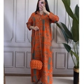 Bohemian orange long sleeve shirt dress with blue ethnic prints and quilted handbag - S / Red