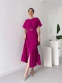 Detail of fuchsia midi dress featuring a pleated bust and silver ring buckle belt - S / Rose Red