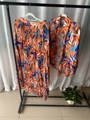 Damen 2-Teiler-Set mit bedrucktem Langarmhemd und plissiertem Maxirock in Orange - S / Bunter Druck