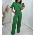 Conjunto verde brillante de lino y algodón con top corto y pantalones anchos de tiro alto - S / Verde