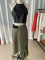 Women's 2-piece set with black faux leather halter top and olive green irregular skirt - S / Black