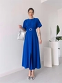 Close-up of royal blue midi dress featuring high slit and waist belt with silver buckle - S / Blue
