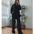 Conjunto elegante de dos piezas negro para mujer con camisa de manga larga y pantalón ancho - S / Negro
