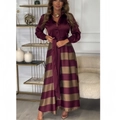 Elegante completo da donna con camicia di raso bordeaux e gonna lunga a righe chic - M / Borgogna
