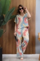 Women's two-piece set with V-neck short sleeve top and wide-leg pants in multi-color print - Red