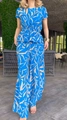 Conjunto de verano para mujer con top de lazo y pantalón ancho con estampado de hojas - S / Azul