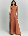 Detail of caramel brown wide-leg jumpsuit with thin straps and textured linen fabric - S / Brown