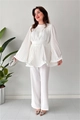 Elegant white two-piece set featuring a pleated long sleeve top and wide leg pants - S / White