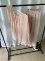 Women's pleated two-piece set in peach pink with long sleeve top and wide leg pants - S / Top And Bottom / Champagne