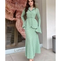 Light green floral two-piece set featuring bell sleeve top and maxi skirt - S / Green