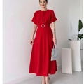 Elegant solid red midi dress with belted waist and short sleeves for 2024 spring fashion - S / Red
