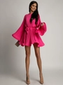 Robe plissée fuchsia chic avec manches évasées et taille à cordon pour femmes - Rose rouge