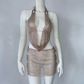 Detail of champagne gold rhinestone mesh halter top and mini skirt for music festivals - S / Gold