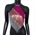 Top a lupetto con paillettes metalliche in maglia tricolore rosa, oro rosa e argento - S / Patchwork Rosa Argento