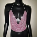 Top halter sexy in maglia metallica con strass rosa per festival e feste - S / Rosa