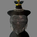 Glitzerndes Mesh-Oberteil mit silbernen Pailletten und Neckholder für Party und Club - S / Schwarz