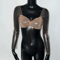 Detail of sheer mesh rhinestone top showing beaded fringe on cuffs and crystal mesh - S / Gold
