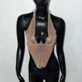 Top a scollo all'americana oro rosa con strass e rete per look da discoteca o festival - S / Oro