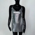 Detail of silver sequin metal mesh dress with thin straps and a reflective cowl neck finish - L / Silver
