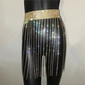 Detailed close-up of a sparkling gold rhinestone fringe mini skirt for party wear - Sparse Chain Style / Gold