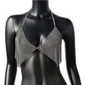 Detalle del top halter plateado con lentejuelas y pedrería en maniquí negro - Talla única / Negro