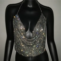 Detail of shimmering silver sequin halter top with crystal mesh and metal chains - Black with Stone
