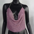 Detailed close-up of pink sequins and silver chain on a metallic halter neck top - Pink With Rhinestone