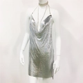 Close-up of shiny silver metal mesh texture and sequins on backless halter dress - S / Silver