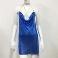 Detailed view of royal blue metal sequin mesh fabric with draped halter neck design - S / Wide Choker (Royal Blue 2) / Sapphire Blue