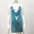 Detail view of light blue sequin mesh dress with draped neck and rhinestone choker - S / Shimmering (Sky Blue 2) / Sky Blue