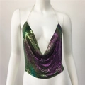 Détail de sequins dégradés violets et verts avec bretelles en chaîne métallique argentée - Iridescent Style Long 30cm