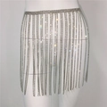 Close-up of sparkling rhinestone fringe waist chain with layered silver metal tassels - One Size / Silver