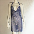 Close-up of sparkling light blue sequin mesh dress with halter neck and crystal detailing - Royal Blue with Rhinestones