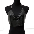 Detail of black metal mesh sequins and silver chain straps on a cowl neck crop top - Black