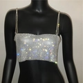 Detailed view of silver rhinestone crop top with sparkling crystals on a black mannequin - S / Silver