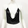 Dettaglio del top all'americana con paillettes metalliche nere e texture in maglia - Nero Stile Corto 25cm