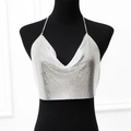 Detail of silver metallic mesh crop top with deep V-neck and delicate chain straps - Silver
