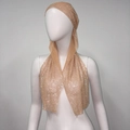Detailed close-up of champagne gold rhinestone mesh headscarf for party accessories - Long Style / Nude