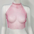 Detail view of pink beaded mesh halter top featuring intricate lattice and shimmering beads - Rose Red