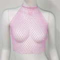 Close-up of pink fishnet halter top with sparkly rhinestones and diamond mesh - Pink