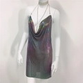 Iridescent sequin mini dress with cowl neck and matching rhinestone chains for party - Iridescent