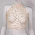 Close-up of sparkling rhinestone mesh halter top with shimmering champagne crystal details - Nude
